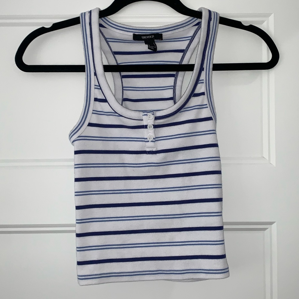 Forever 21 Striped Blue, White and Black Semi-Cropped Tank Top